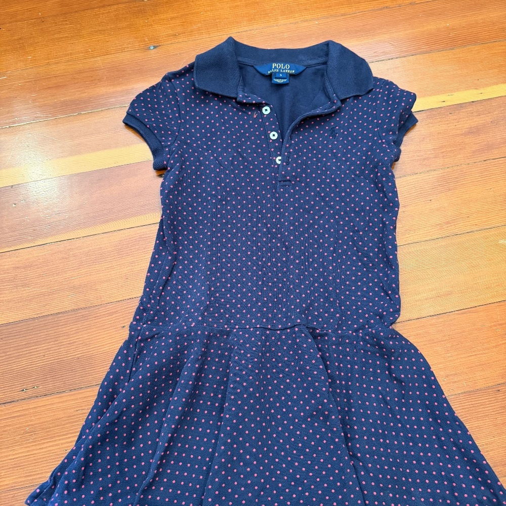 Girls Polo Rugby Dress Blue With Red Polka Dots Size 5